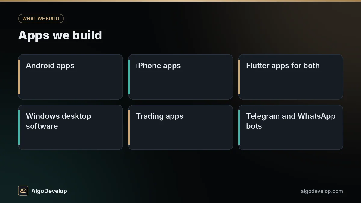 Mobile app development company: apps we build, including Android apps, iPhone apps, Flutter apps for both and Windows desktop software