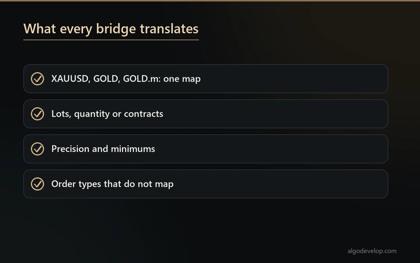 The translation problem in a broker bridge: symbol names, size units, precision and minimums, order types that do not map