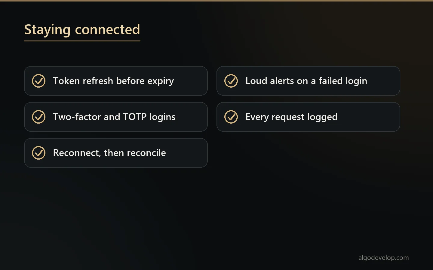 How a broker bridge stays connected: token refresh before expiry, TOTP login, reconnect and reconcile, loud alerts on failure