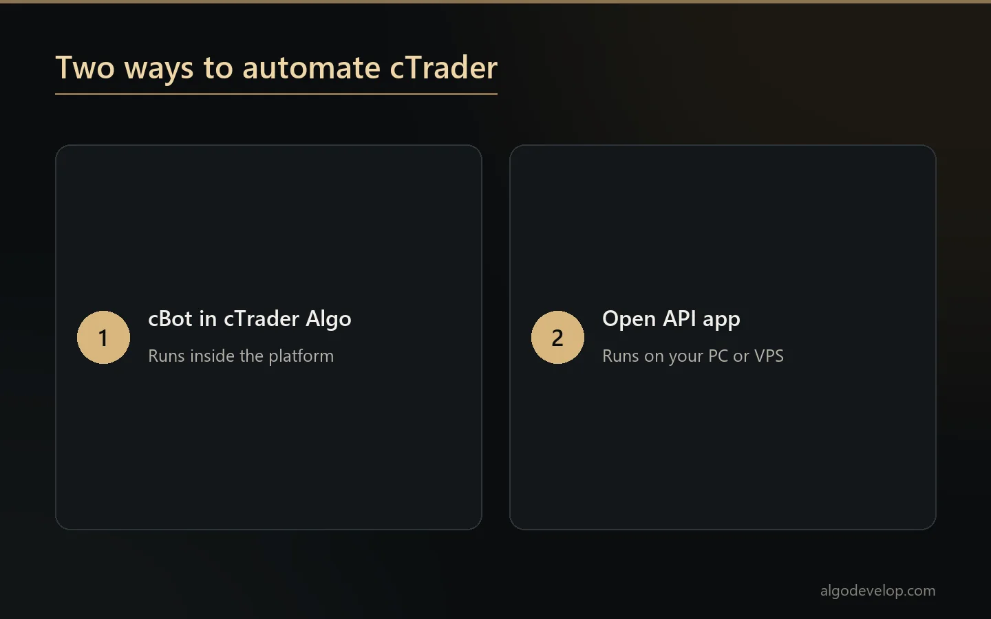 Two routes for cTrader bot development: a cBot inside cTrader Algo, or an Open API app outside the platform