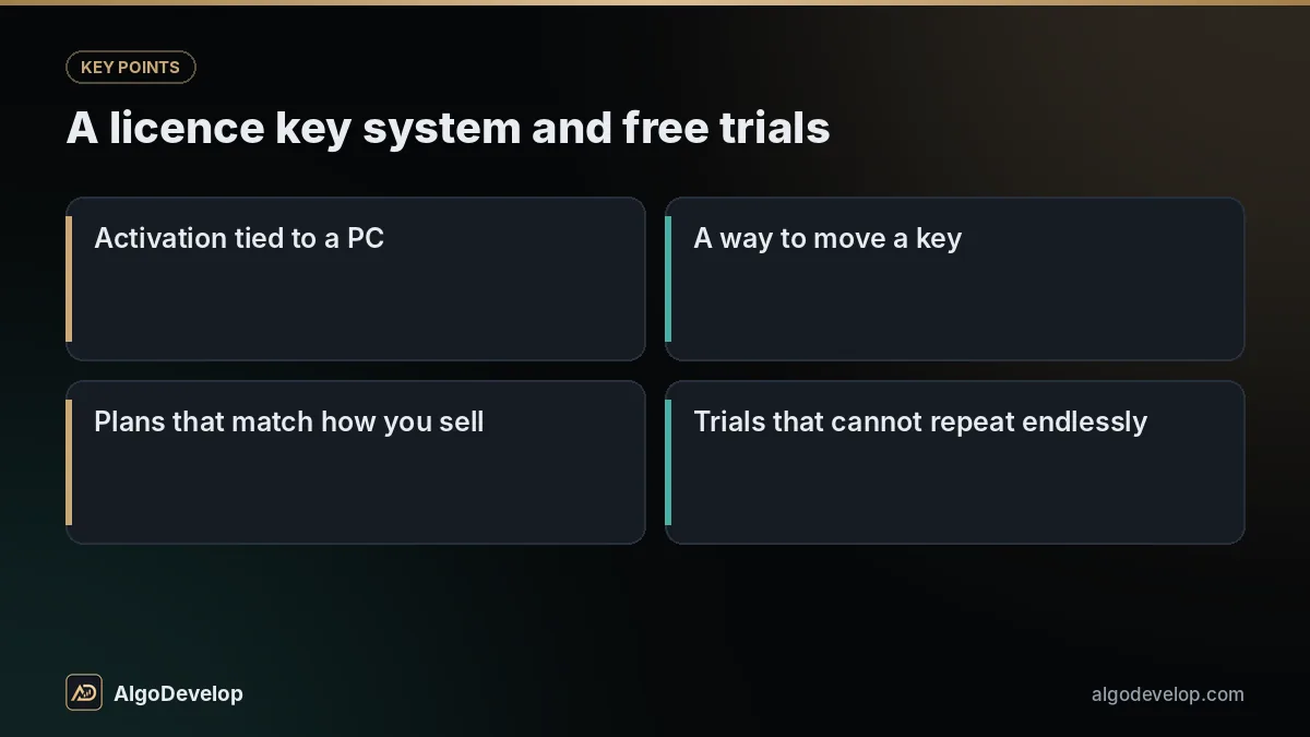 Desktop application development: a licence key system and free trials, including activation tied to a PC and a way to move a key
