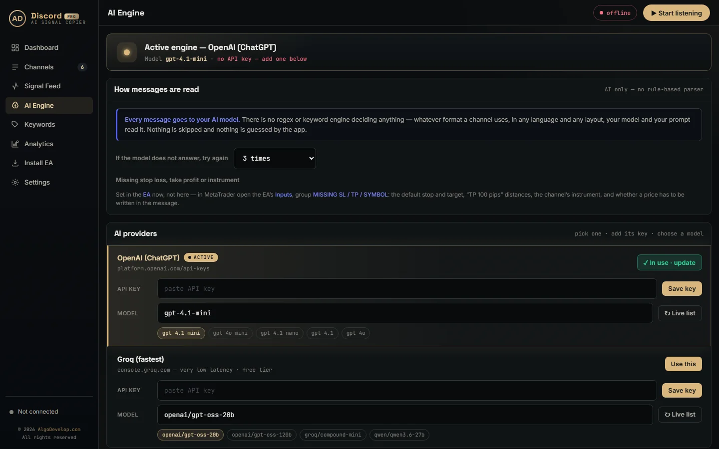 AI Engine page with the provider choice, retry setting and Test parser box