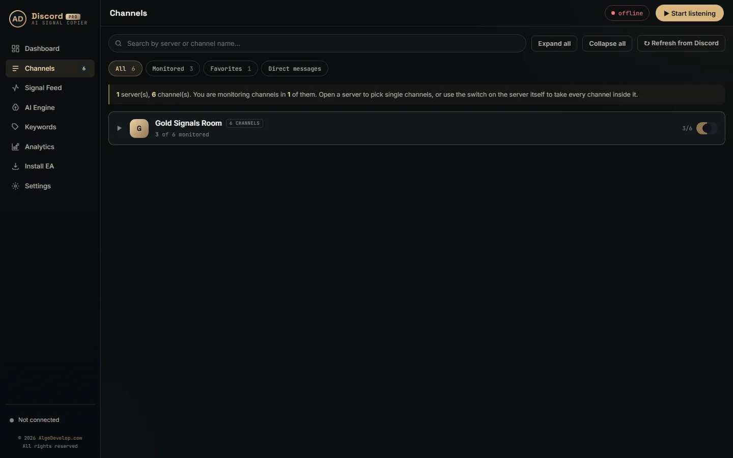 Discord to MT4/MT5 copier Channels page showing servers with their channels and a monitor switch on each