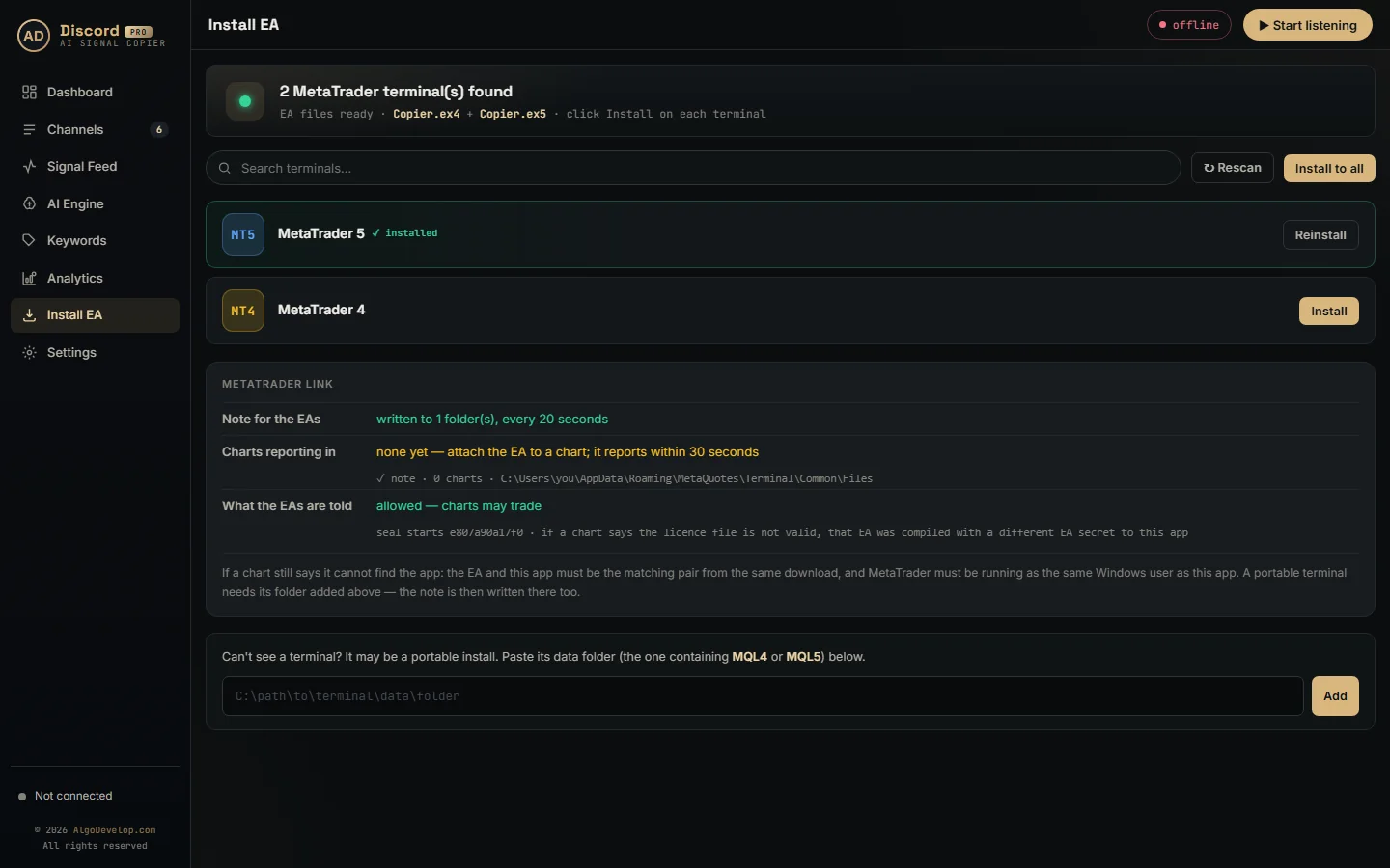 Install EA page listing the MT4 and MT5 terminals found on the PC