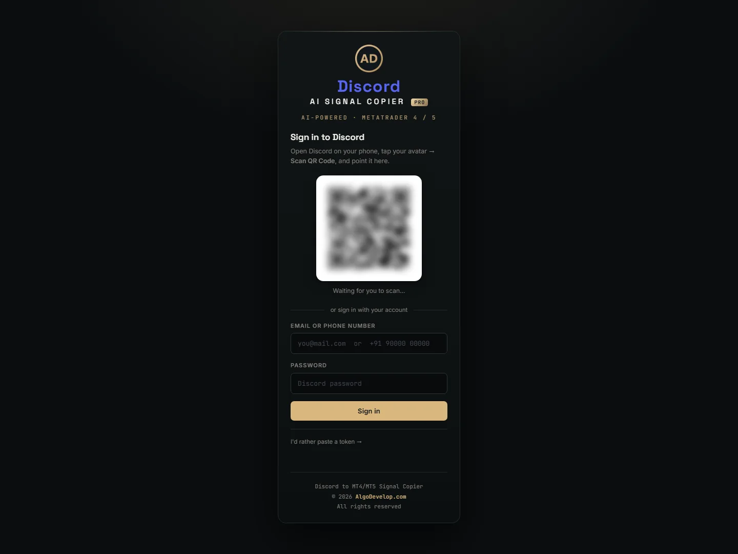 Sign in to Discord screen with a QR code, an email and password form and a token option
