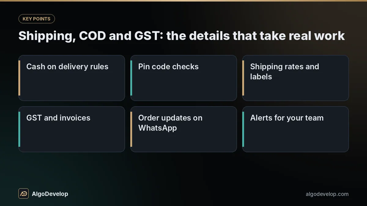 Shipping, COD and GST: the details that take real work - ecommerce website development, including cash on delivery rules