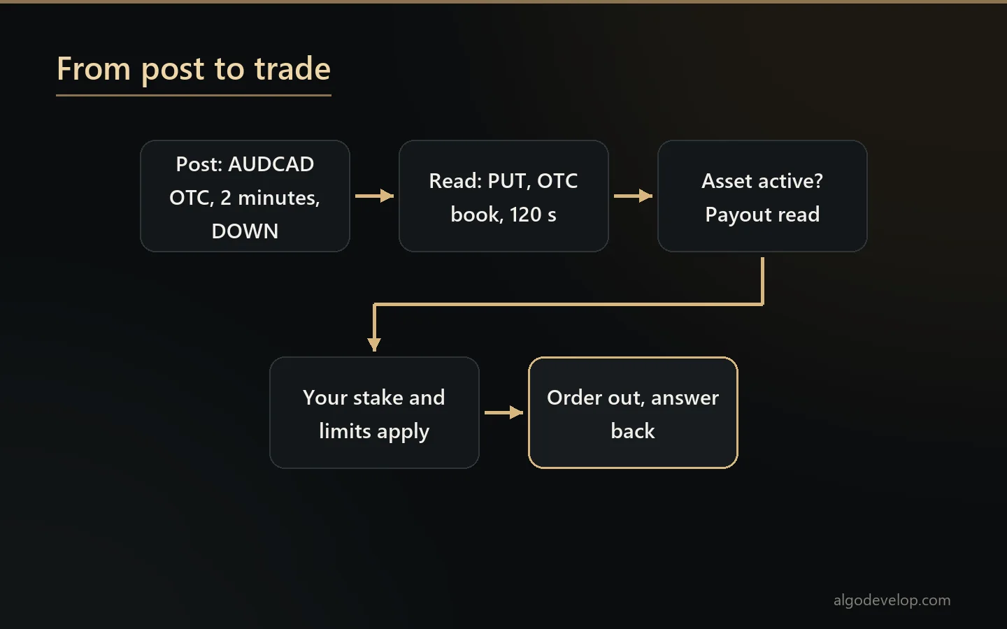 From post to trade: the post is read, the asset and payout are checked, your limits apply, the order goes out