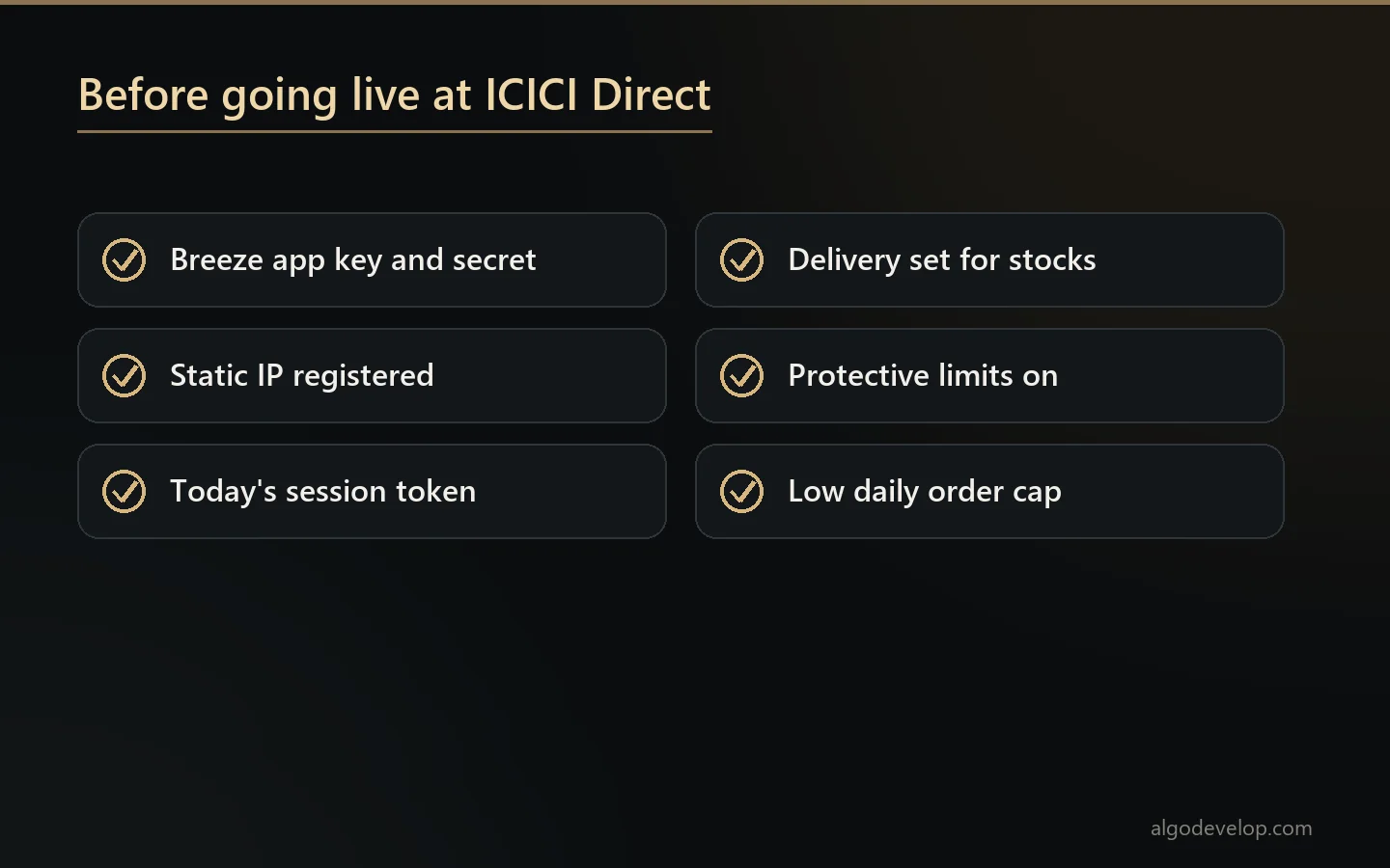 Checklist before ICICI Direct automation goes live: Breeze keys, static IP, session token, delivery for stocks, protective limits and a low order cap