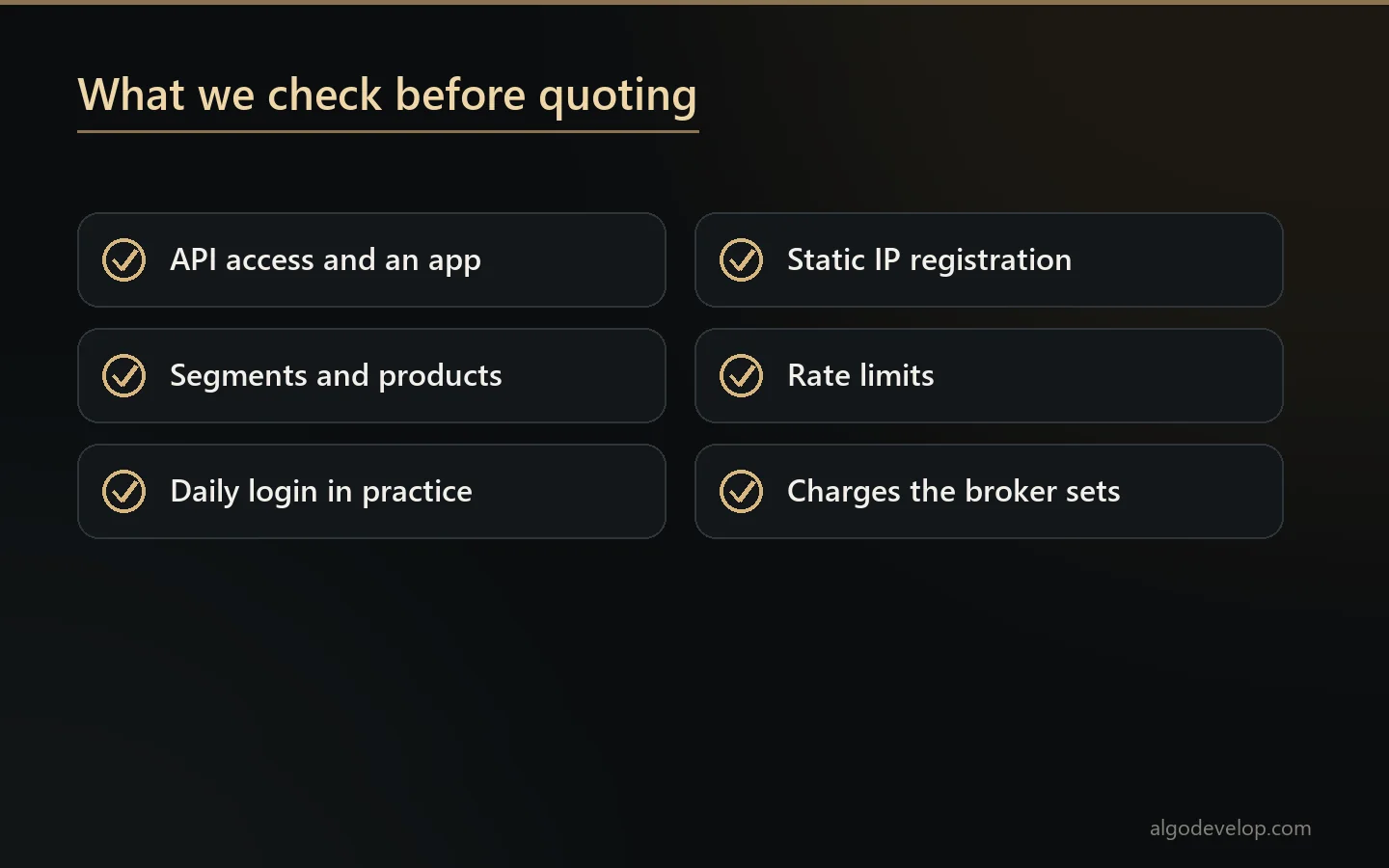 What we check before quoting IIFL automation: API access, segments, daily login, static IP, rate limits and charges