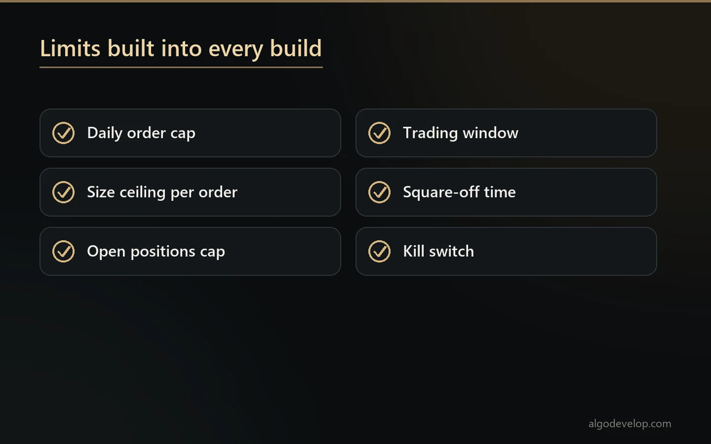 Limits built into IIFL automation: order cap, size ceiling, open positions, trading window, square-off and kill switch