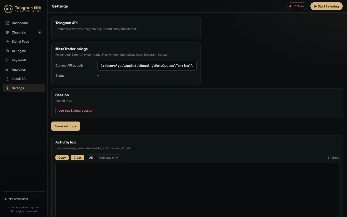 Settings page of the ready-made Telegram to MT4/MT5 copier with lot, risk and limit options