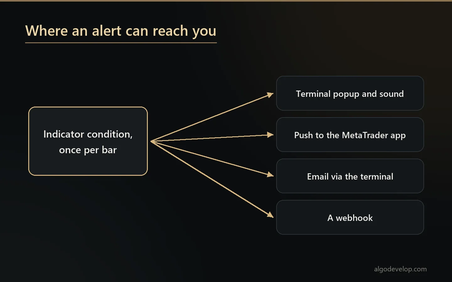 Where an indicator alert can go: terminal popup and sound, push to the MetaTrader app, email or a webhook