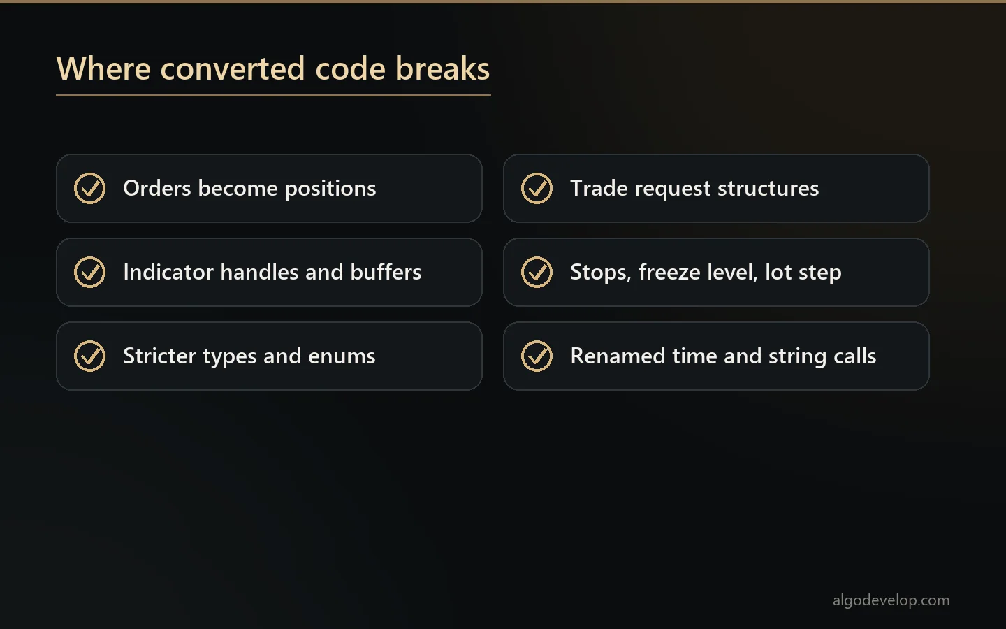 Checklist of the MQL4 to MQL5 differences that break converted code, from orders versus positions to renamed functions
