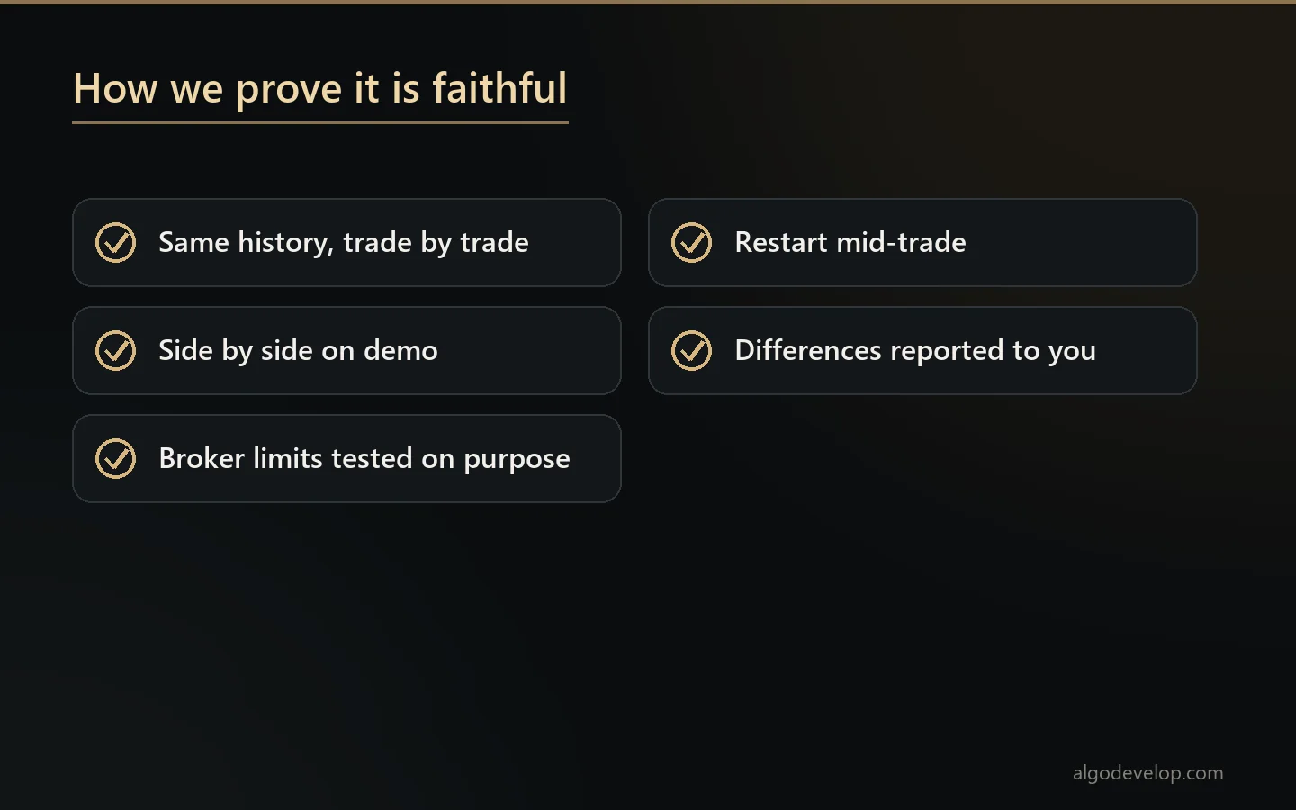 How we prove an MT5 conversion is faithful: same history, demo side by side, broker limits, restart test, differences reported