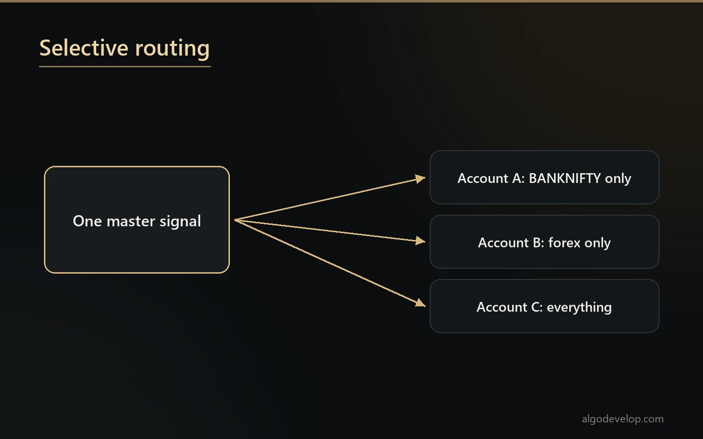 Selective routing diagram: one master signal going to a BANKNIFTY-only account, a forex-only account and an account that takes everything