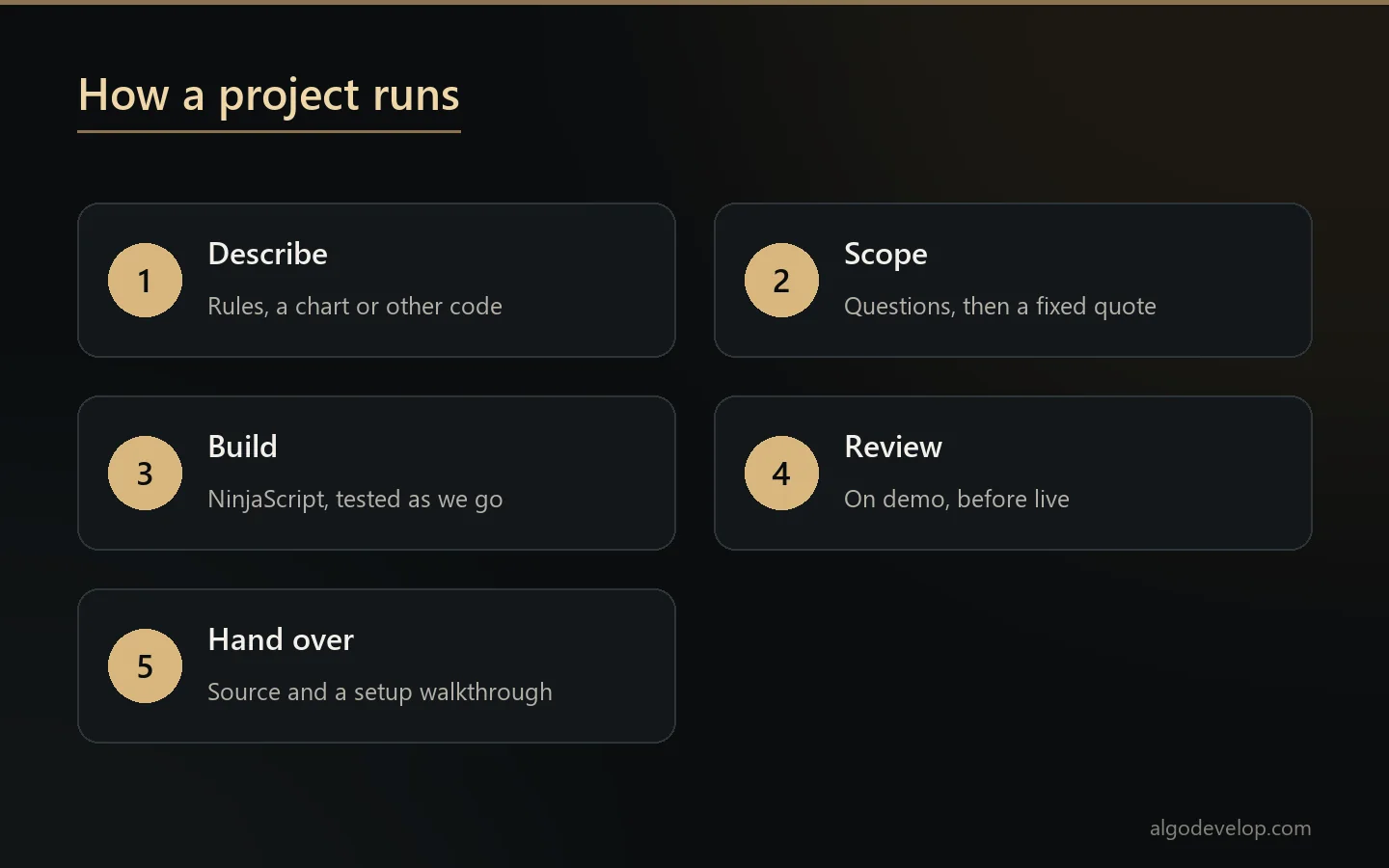 How a NinjaScript project runs: describe, scope and quote, build and test, review on demo, hand over