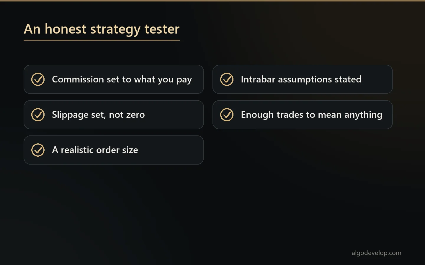 Honest TradingView strategy tester settings: real commission and slippage, realistic order size, intrabar assumptions, enough trades