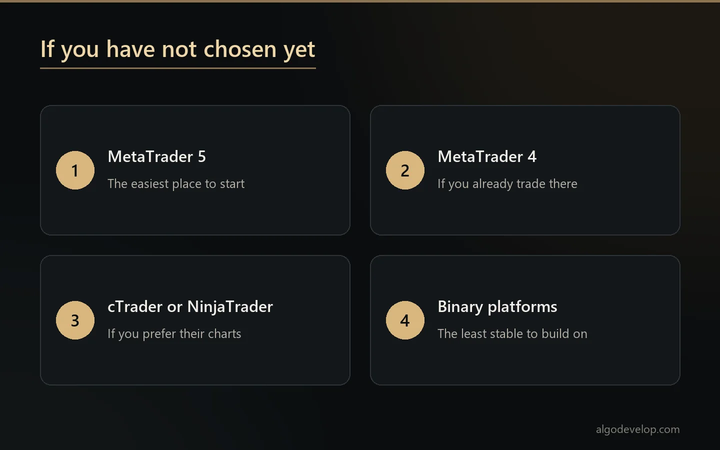 Ranking of trading platforms for a new automation project, from MetaTrader 5 to binary platforms