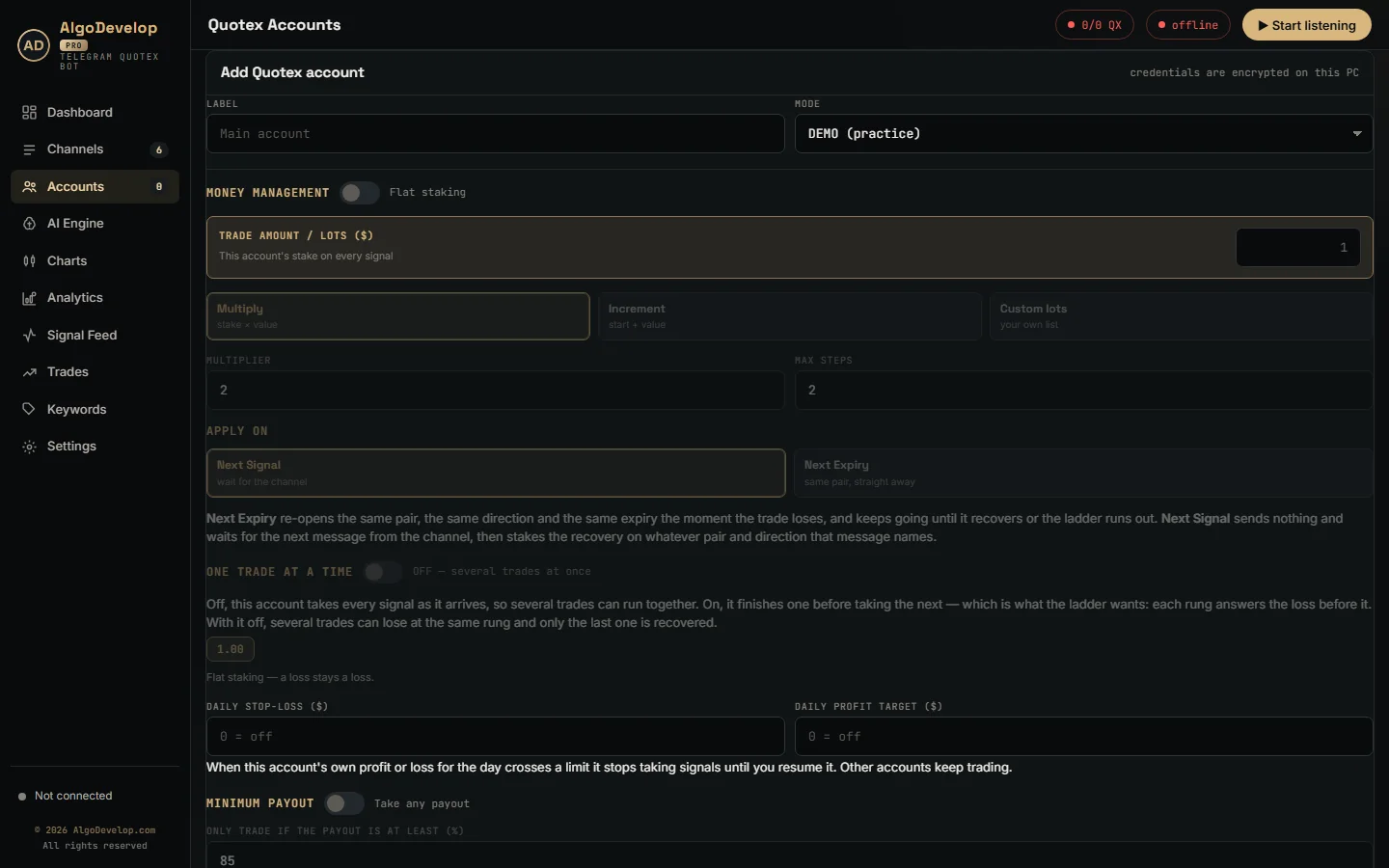 Adding an account in the ready-made Telegram to Quotex bot, with DEMO mode, stake and daily limits