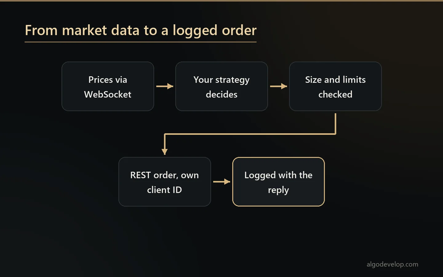 How a Python crypto trading bot trades: WebSocket data, your strategy, risk checks, a REST order with its own client ID, then a log