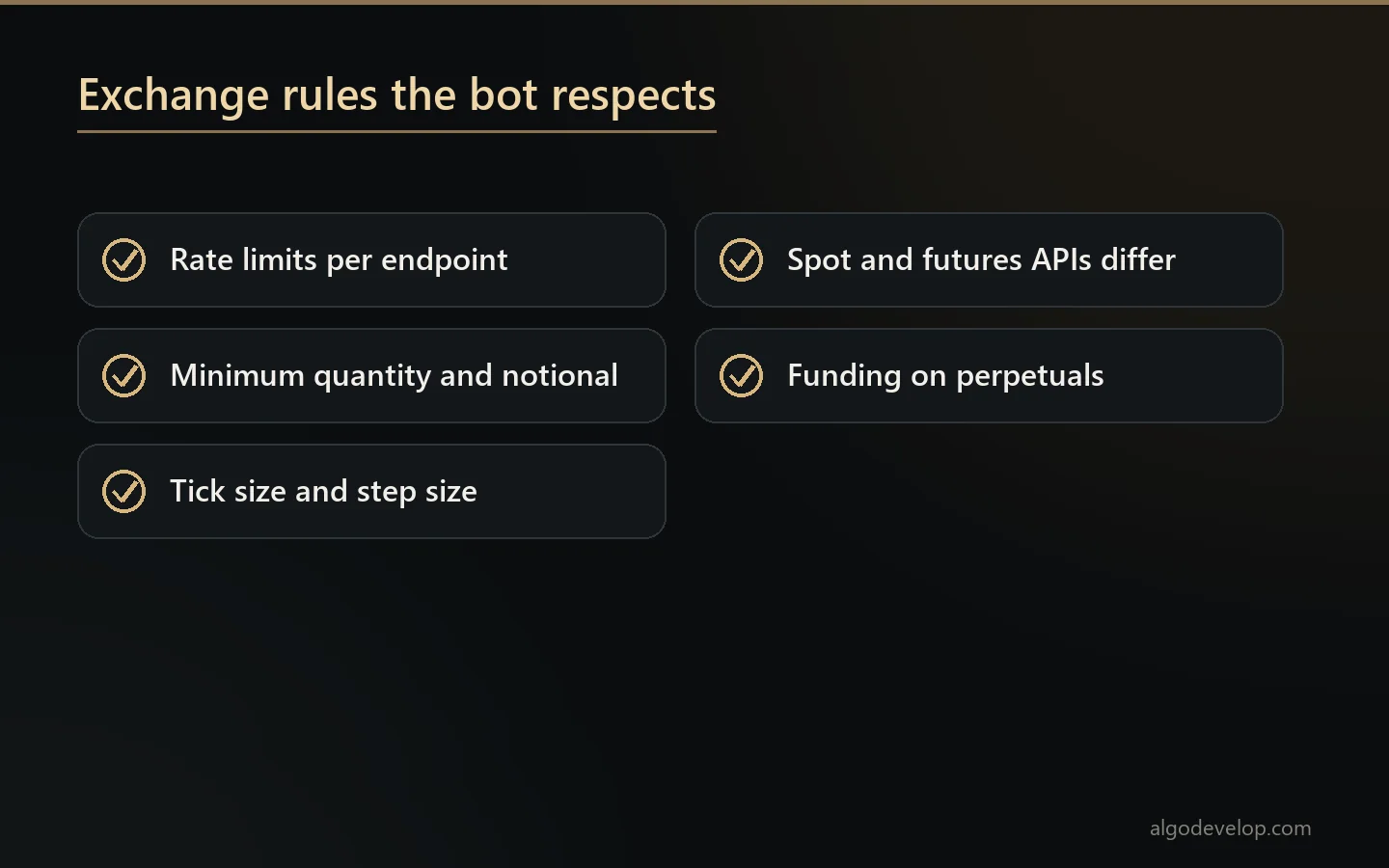 Exchange rules a crypto trading bot must respect: rate limits, minimum quantity and notional, tick and step size, spot and futures APIs