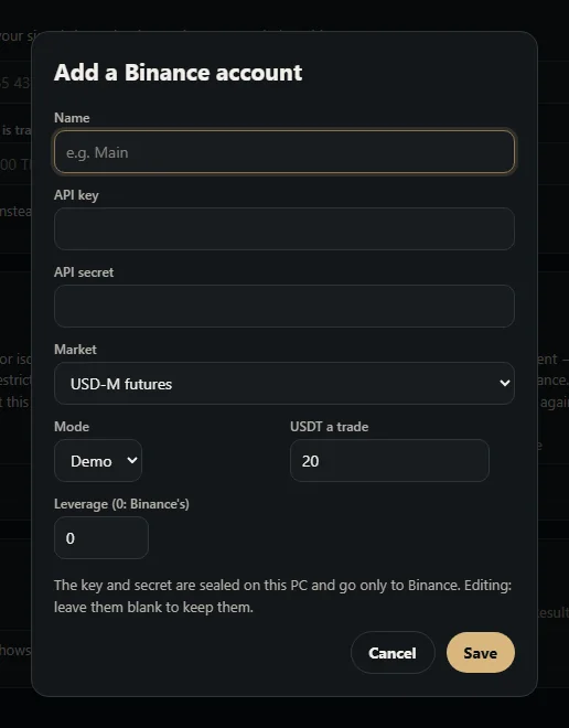 Add a Binance account dialog with API key, secret, market, amount and leverage