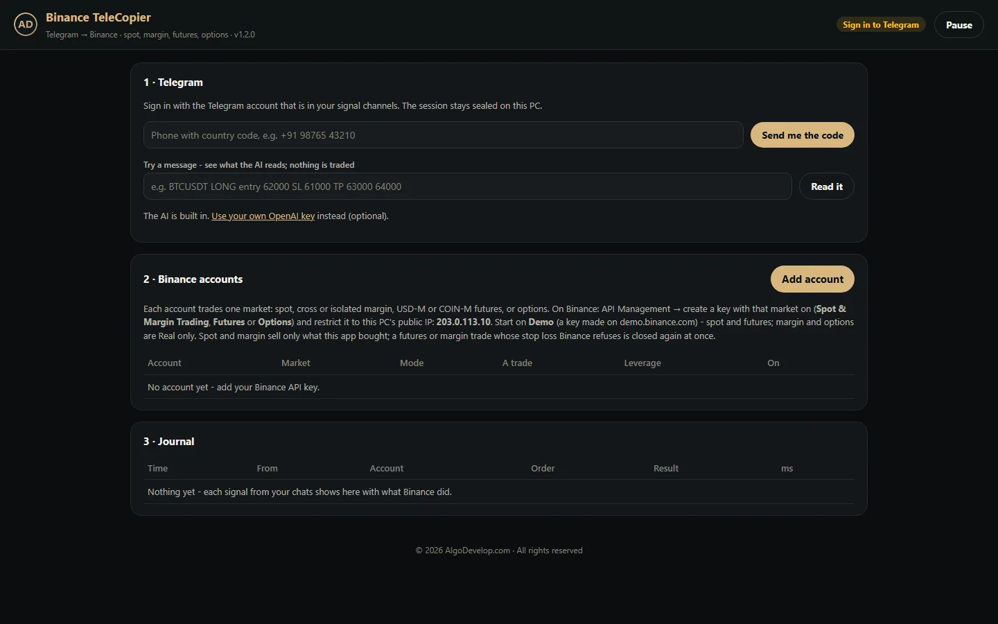 Telegram to Binance bot dashboard with Telegram, Binance accounts and the journal