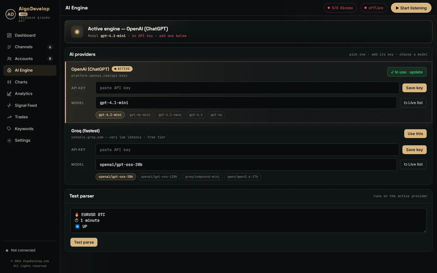 AI Engine page with the provider list and a test box for Binomo signals