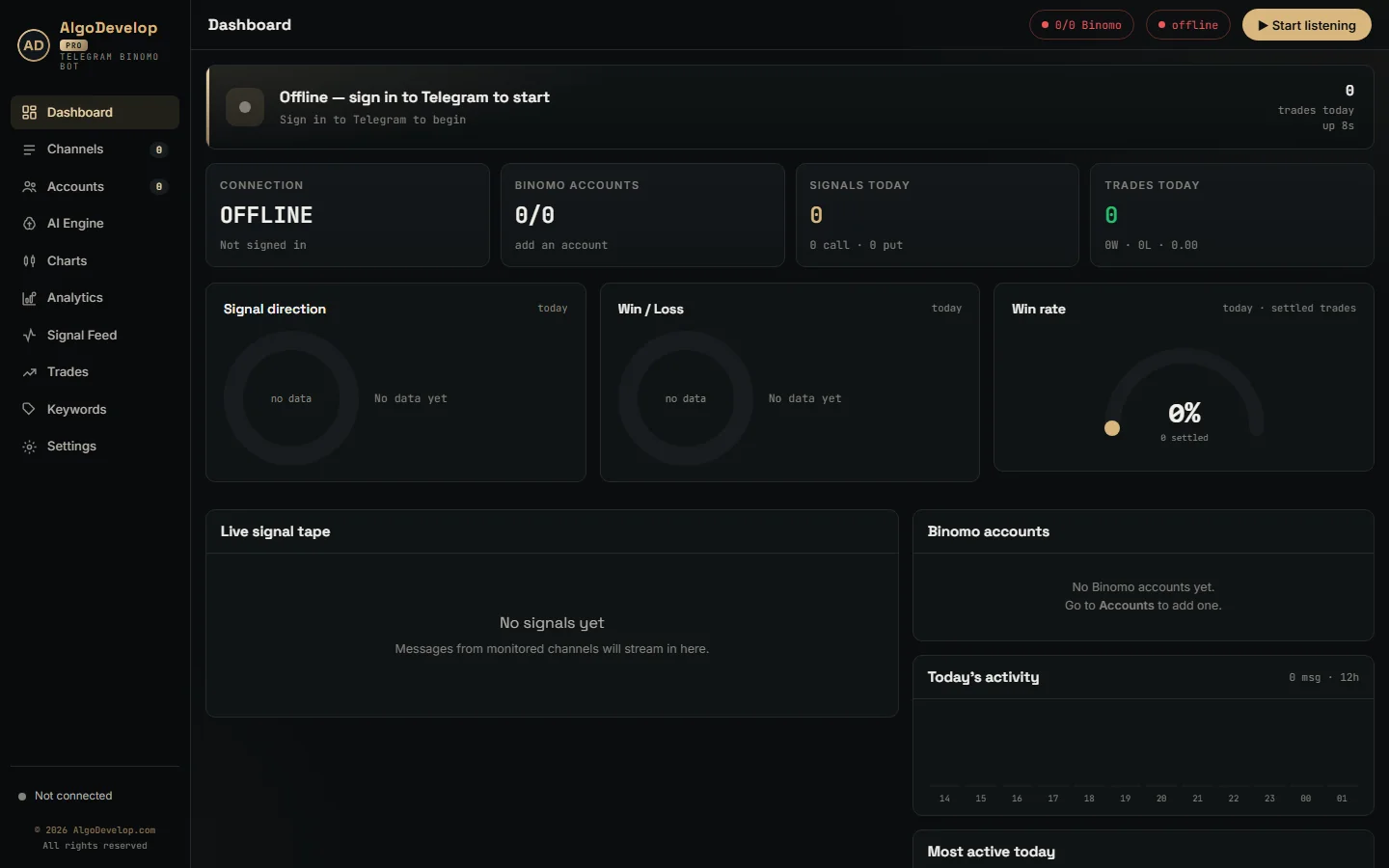 Telegram to Binomo bot dashboard with signal direction, win and loss panels and the live signal tape
