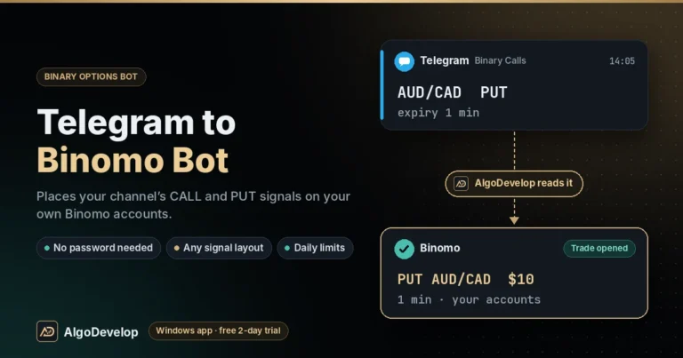 Telegram to Binomo Bot by AlgoDevelop: a Telegram signal, AUD/CAD PUT, placed on Binomo as PUT AUD/CAD $10