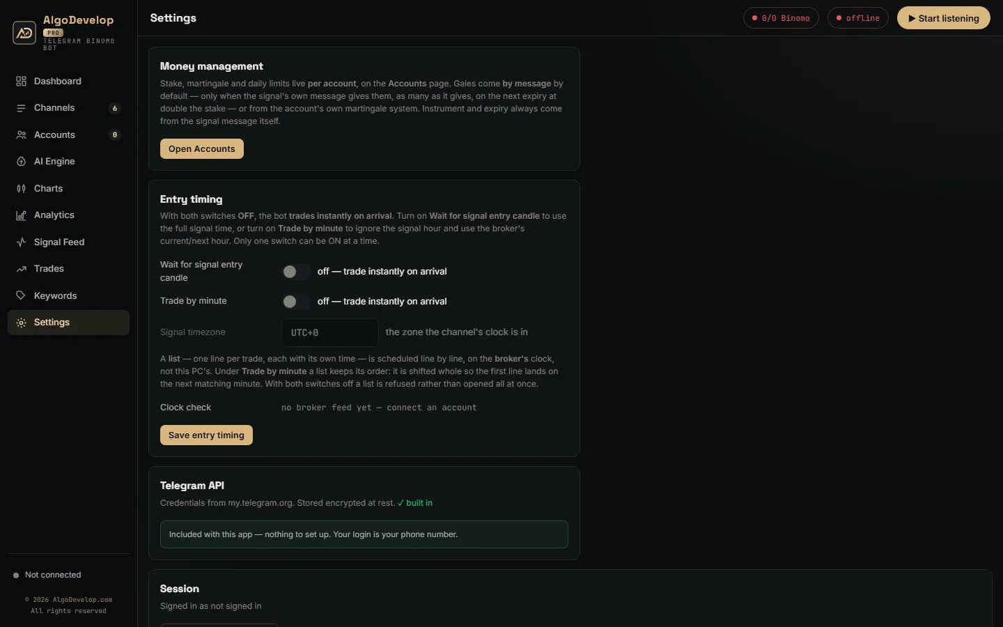 Bot settings with the entry timing switches, the signal timezone and the broker clock check