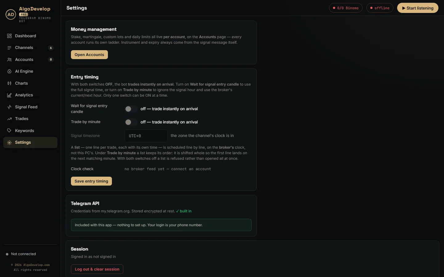 Settings page with the entry timing switches, signal timezone and clock check