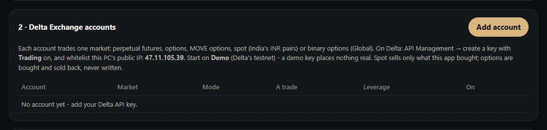 Delta Exchange accounts table with region, market, size and leverage