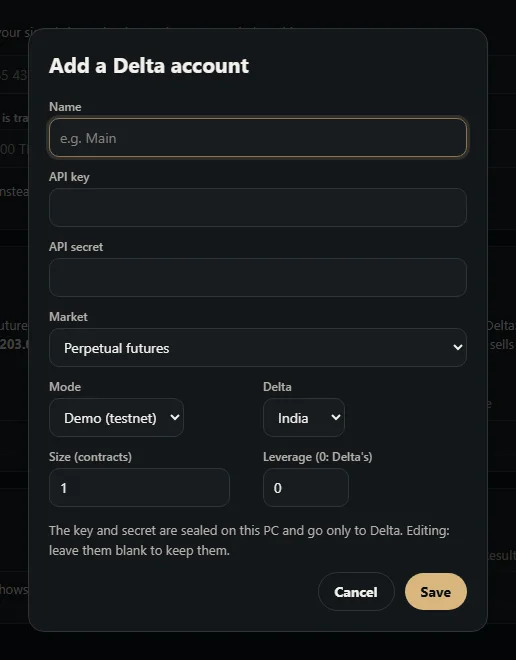 Add a Delta Exchange account dialog with API key, secret, market, region, size and leverage