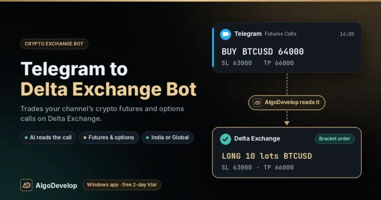Telegram to Delta Exchange Bot by AlgoDevelop: a Telegram signal, BUY BTCUSD 64000, placed on Delta Exchange as LONG 10 lots BTCUSD