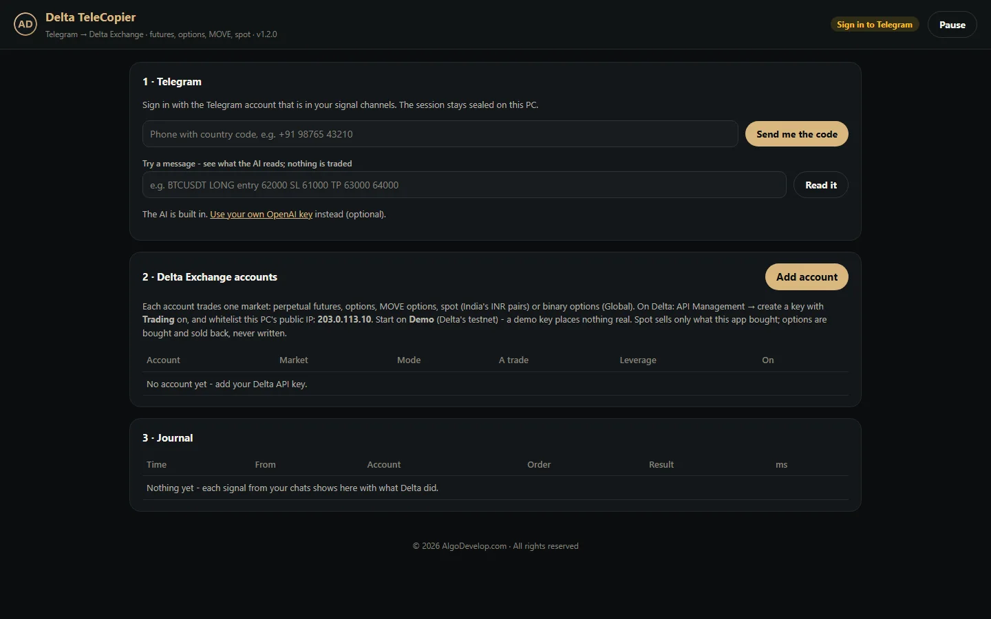 Telegram to Delta Exchange bot dashboard with Telegram, Delta accounts and the journal