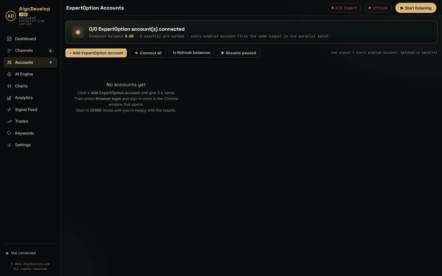 Telegram to ExpertOption bot accounts page with Browser login, DEMO and REAL badges and money rules