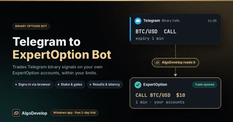 Telegram to ExpertOption Bot by AlgoDevelop: a Telegram signal, BTC/USD CALL, placed on ExpertOption as CALL BTC/USD $10