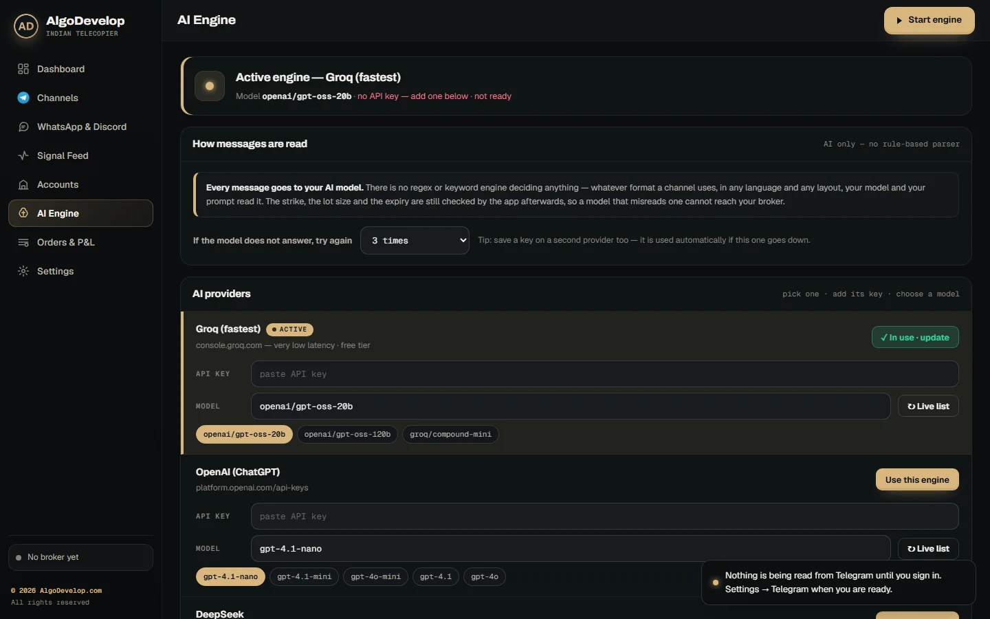 AI Engine page with the provider, model, retry setting and a test box for reading a message