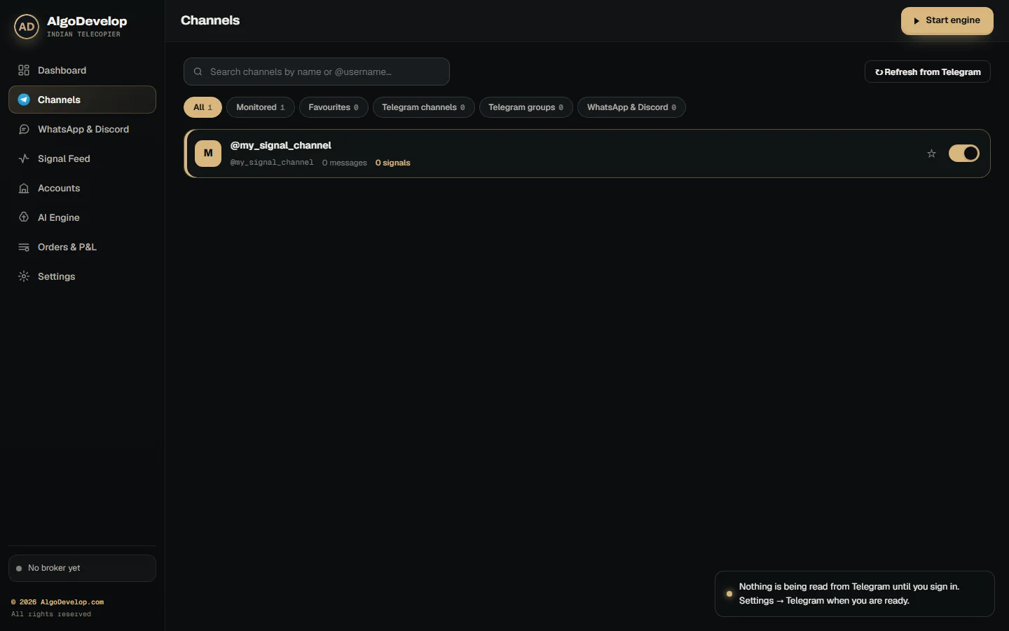 Channels page of the ready-made Telegram copier, with an on/off switch beside each Telegram channel
