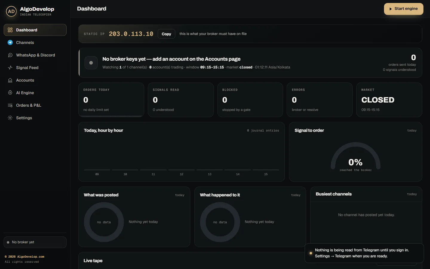 Dashboard of the ready-made Telegram copier with the static IP band and its Copy button at the top