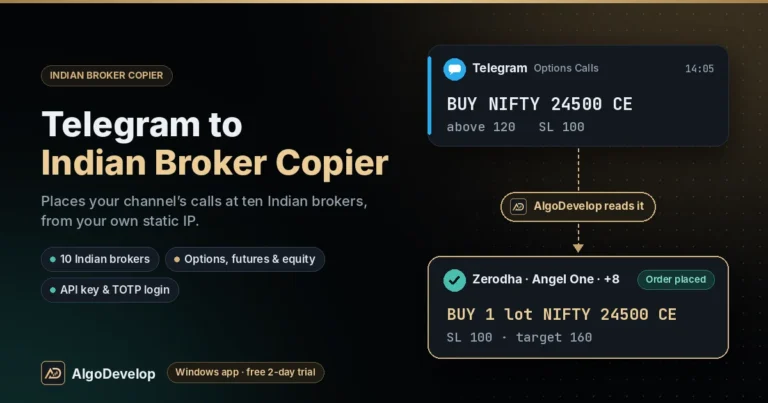 Telegram to Indian Broker Copier by AlgoDevelop: a Telegram call, BUY NIFTY 24500 CE, placed at an Indian broker such as Zerodha