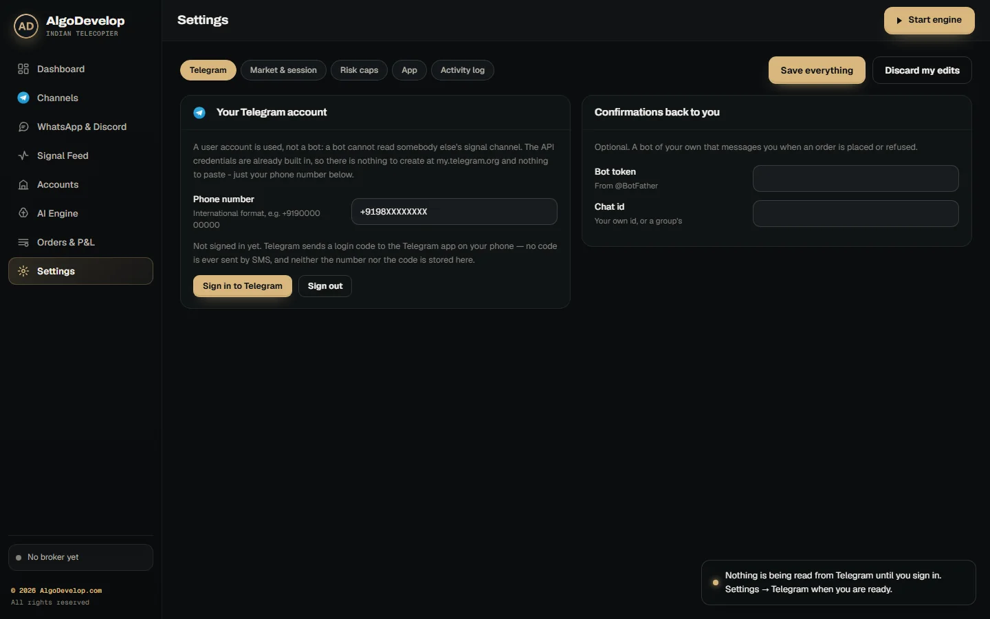 Settings page with the trading window, default lots, repeat window and kill switch