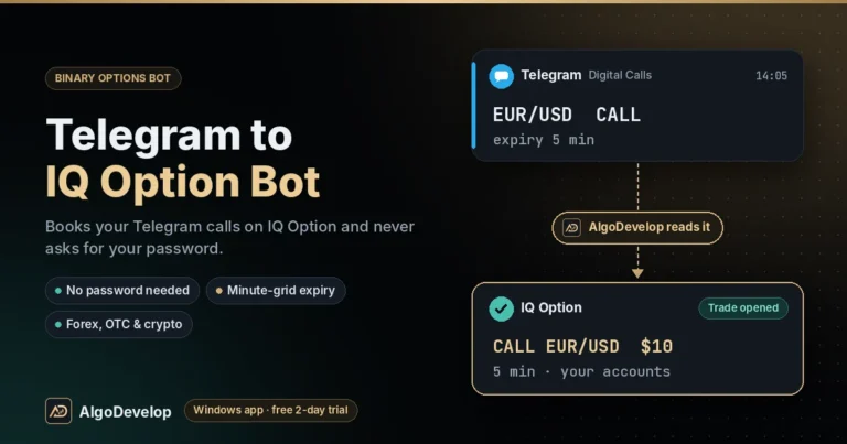Telegram to IQ Option Bot by AlgoDevelop: a Telegram signal, EUR/USD CALL, placed on IQ Option as CALL EUR/USD $10