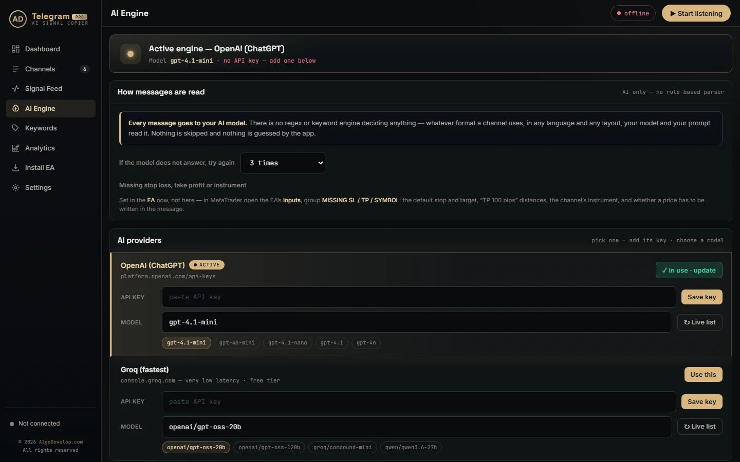 AI Engine page showing the AI provider choice, the retry setting and the Test parser box