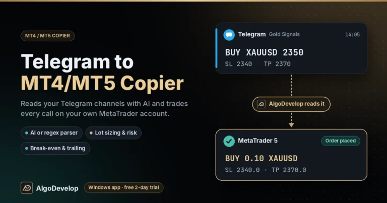 Telegram to MT4/MT5 Copier by AlgoDevelop: a Telegram signal, BUY XAUUSD 2350, placed on MetaTrader 5 as BUY 0.10 XAUUSD