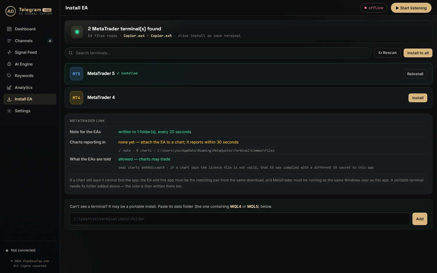 Install EA page listing the MT4 and MT5 terminals found on the PC with an Install button for each