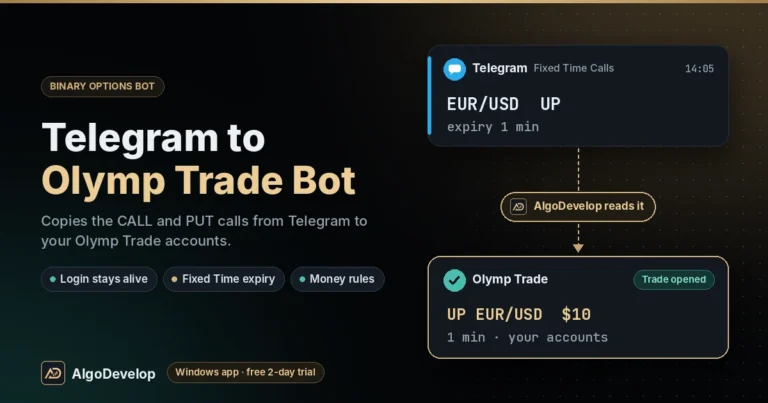 Telegram to Olymp Trade Bot by AlgoDevelop: a Telegram signal, EUR/USD UP, placed on Olymp Trade as UP EUR/USD $10