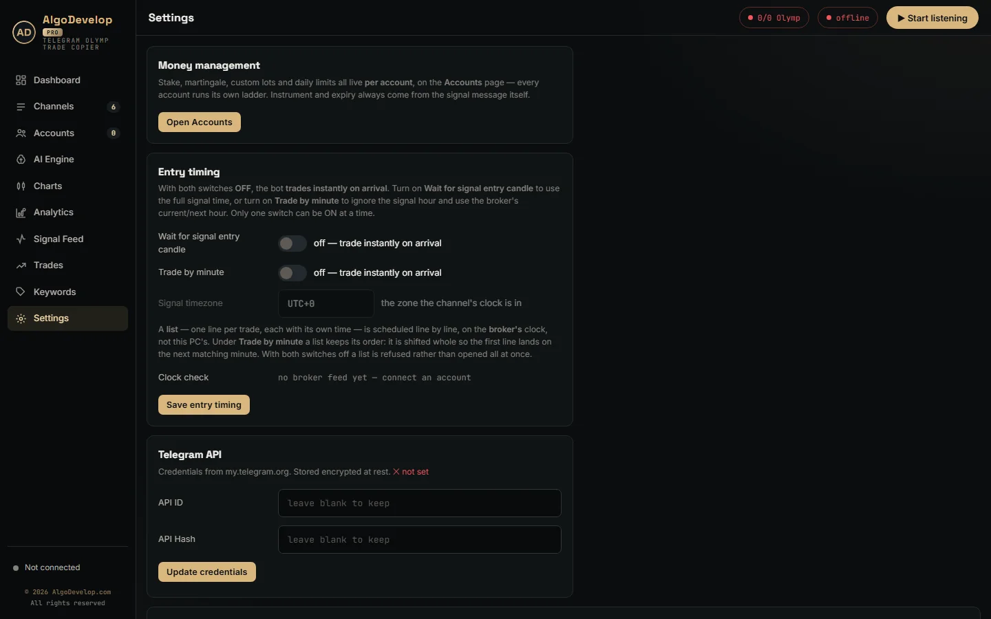 Settings with entry timing modes, signal timezone and the broker clock check