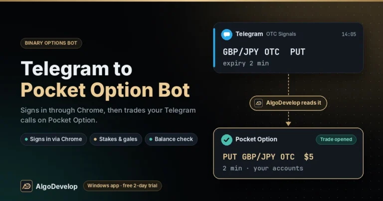 Telegram to Pocket Option Bot by AlgoDevelop: a Telegram signal, GBP/JPY OTC PUT, placed on Pocket Option as PUT GBP/JPY OTC $5